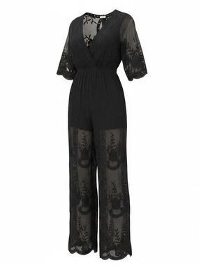 Whimsigoth Black Sheer Lace Jumpsuit M Embroidered Mesh V Neck Dark Fairy Boho